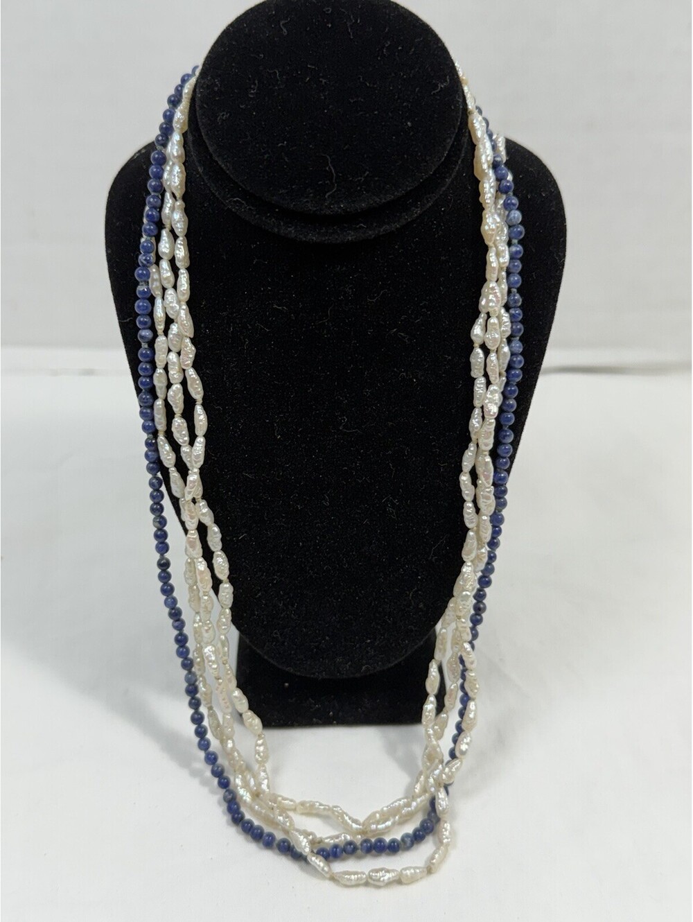Vintage 14K Gold Multi-Strand Freshwater Rice Pearl & Lapis Lazuli Necklace
